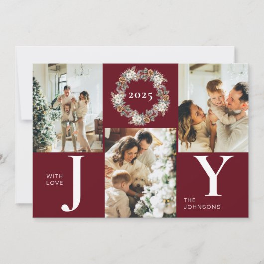 Moderne stijlvolle rode fotocollage Joy Christmas Feestdagenkaart (Voorkant)