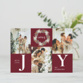Moderne stijlvolle rode fotocollage Joy Christmas Feestdagenkaart (Staand voorkant)