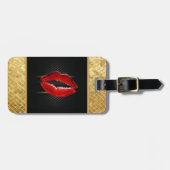 Moderne, stijlvolle, rode glitter lips, zwart-pers bagagelabel (Voorkant horizontaal)