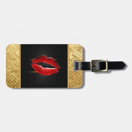 Moderne, stijlvolle, rode glitter lips, zwart-pers bagagelabel (Voorkant horizontaal)