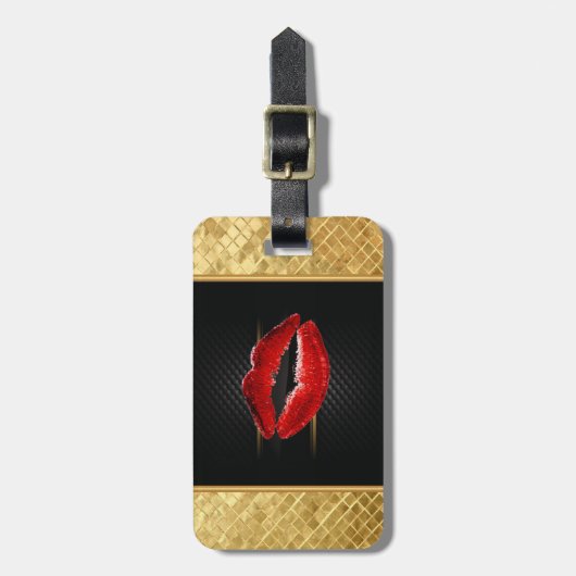 Moderne, stijlvolle, rode glitter lips, zwart-pers bagagelabel (Voorkant verticaal)