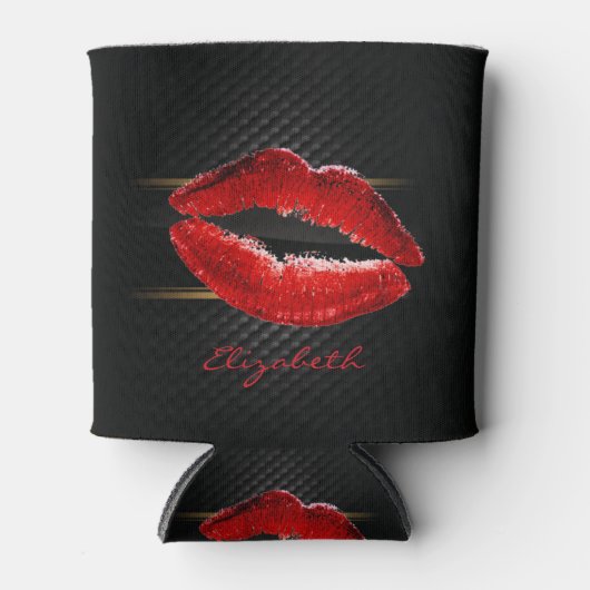 Moderne, stijlvolle, rode glitter lips, zwart-pers blikjeskoeler (Voorkant)