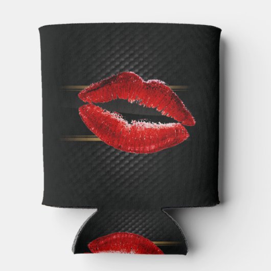 Moderne, stijlvolle, rode glitter lips, zwart-pers blikjeskoeler (Achterkant)