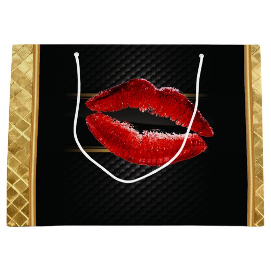 Moderne, stijlvolle, rode glitter lips, zwart-pers large cadeautasje (Voorkant)