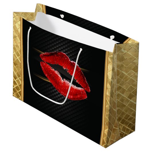 Moderne, stijlvolle, rode glitter lips, zwart-pers large cadeautasje (Voorkant Gekanteld)