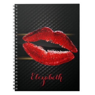 Moderne, stijlvolle, rode glitter lips, zwart-pers notitieboek