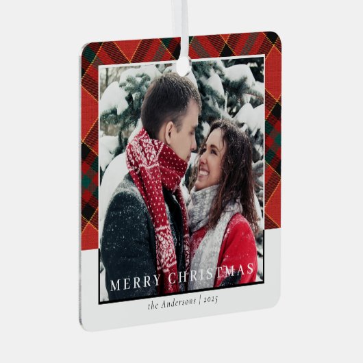 Moderne Stijlvolle Rode Plakken Kerst Paar Foto Metalen Ornament (Voorkant Rechts)