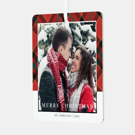 Moderne Stijlvolle Rode Plakken Kerst Paar Foto Metalen Ornament (Voorkant links)