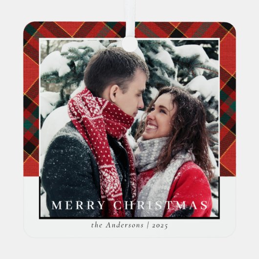 Moderne Stijlvolle Rode Plakken Kerst Paar Foto Metalen Ornament (Achterkant)