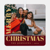 Moderne Stijlvolle Rode Vrolijke Kerstmis Familief Metalen Ornament (Achterkant)