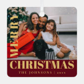 Moderne Stijlvolle Rode Vrolijke Kerstmis Familief Metalen Ornament (Voorkant)