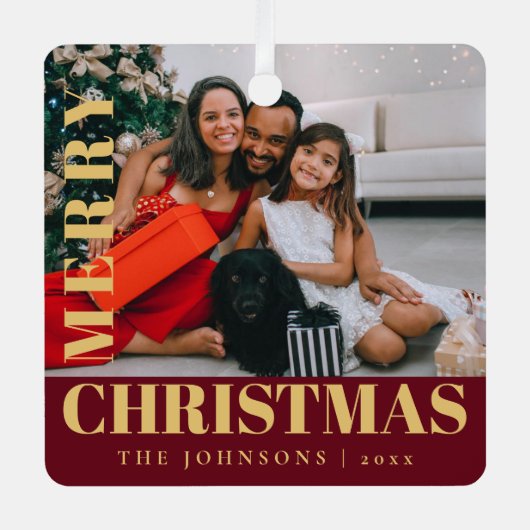 Moderne Stijlvolle Rode Vrolijke Kerstmis Familief Metalen Ornament (Voorkant)