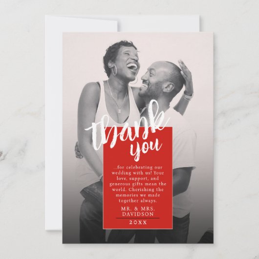 Moderne stijlvolle rode witte foto QR dank u kaart (Voorkant)