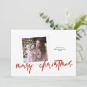 Moderne stijlvolle rode witte vrolijke kerstfoto feestdagenkaart (Staand voorkant)