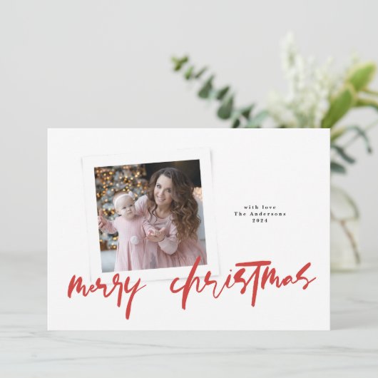 Moderne stijlvolle rode witte vrolijke kerstfoto feestdagenkaart (Staand voorkant)