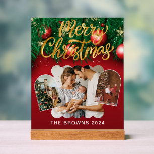 Moderne Stijlvolle Rood Goud Kerst Familie Foto Acryl Bord