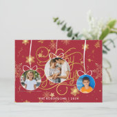 Moderne Stijlvolle Rood Goud Kerst Familie Foto Feestdagenkaart (Staand voorkant)