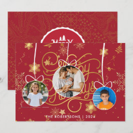 Moderne Stijlvolle Rood Goud Kerst Familie Foto Feestdagenkaart