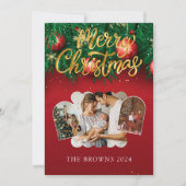 Moderne Stijlvolle Rood Goud Kerst Familie Foto Feestdagenkaart (Voorkant)