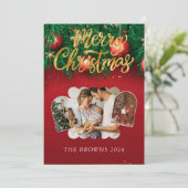 Moderne Stijlvolle Rood Goud Kerst Familie Foto Feestdagenkaart (Staand voorkant)