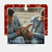 Moderne Stijlvolle Rood Goud Kerstpaar Foto Metalen Ornament (Voorkant)