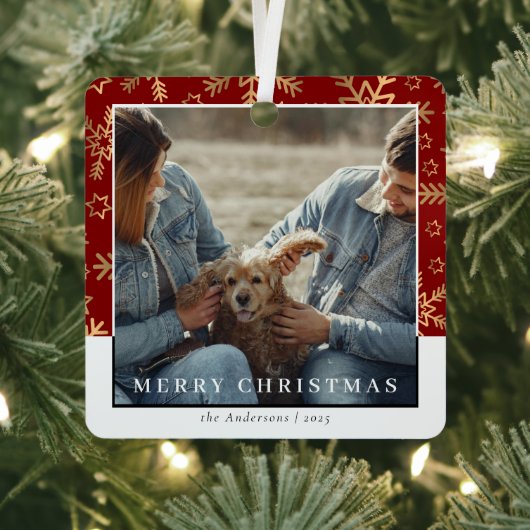 Moderne Stijlvolle Rood Goud Kerstpaar Foto Metalen Ornament (Insitu)