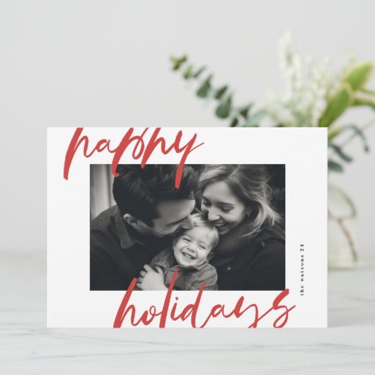 Moderne stijlvolle rood & wit foto blij feestdagenkaart (Staand voorkant)