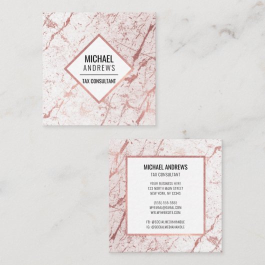 Moderne, stijlvolle Roos Gold Foil White marmer St Vierkante Visitekaartje (Voorkant / Achterkant)