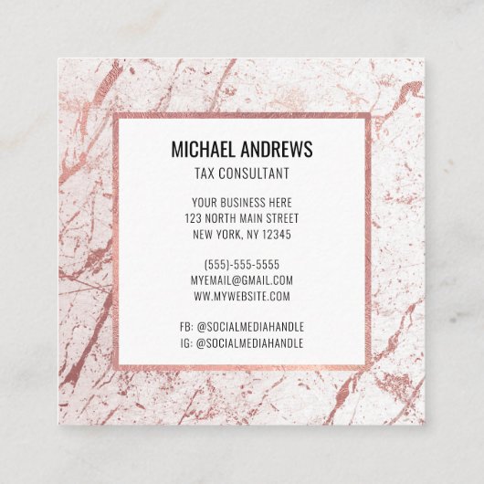 Moderne, stijlvolle Roos Gold Foil White marmer St Vierkante Visitekaartje (Achterkant)