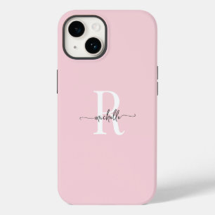 Moderne stijlvolle roze script monogram initiaal iPhone 14 hoesje