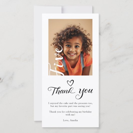 Moderne stijlvolle script 5e verjaardagsfoto bedankkaart (Voorkant)