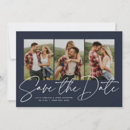 Moderne stijlvolle script drie foto marineblauw save the date