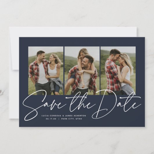 Moderne stijlvolle script drie foto marineblauw save the date (Voorkant)