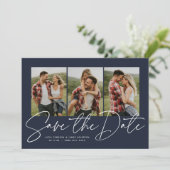 Moderne stijlvolle script drie foto marineblauw save the date (Staand voorkant)