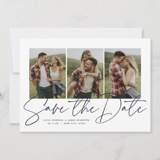 Moderne stijlvolle script drie foto marineblauw save the date (Voorkant)