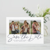 Moderne stijlvolle script drie foto marineblauw save the date (Staand voorkant)