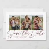 Moderne stijlvolle script drie foto maroon save the date (Voorkant)