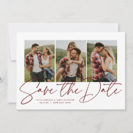 Moderne stijlvolle script drie foto maroon save the date