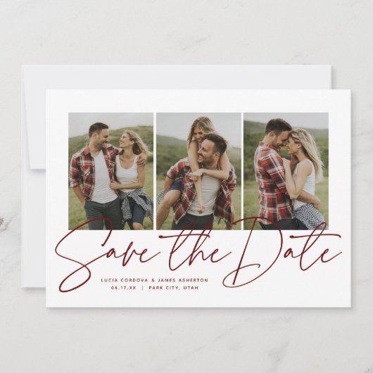 Moderne stijlvolle script drie foto maroon save the date (Voorkant)