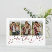 Moderne stijlvolle script drie foto maroon save the date (Staand voorkant)