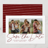 Moderne stijlvolle script drie foto maroon save the date (Voorkant / Achterkant)