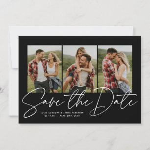 Moderne stijlvolle script drie foto zwart en wit save the date