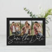 Moderne stijlvolle script drie foto zwart en wit save the date (Staand voorkant)