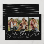 Moderne stijlvolle script drie foto zwart en wit save the date (Voorkant / Achterkant)