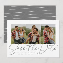Moderne stijlvolle script drie foto's save the dat date