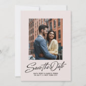 Moderne stijlvolle script roze twee foto save the date (Voorkant)