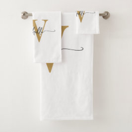 Moderne stijlvolle script witte gouden monogram na bad handdoek