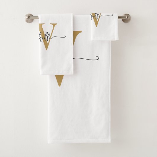 Moderne stijlvolle script witte gouden monogram na bad handdoek (Insitu)