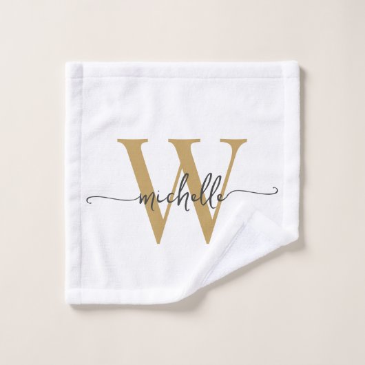 Moderne stijlvolle script witte gouden monogram na bad handdoek (Wasdoekje)