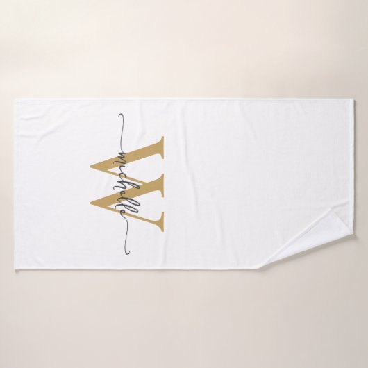 Moderne stijlvolle script witte gouden monogram na badhanddoek (Badhanddoek)